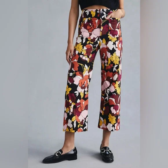 Anthropologie Maeve The Colette Cropped Wide-Leg Pants Floral Mod Size 27 Linen - Picture 1 of 11